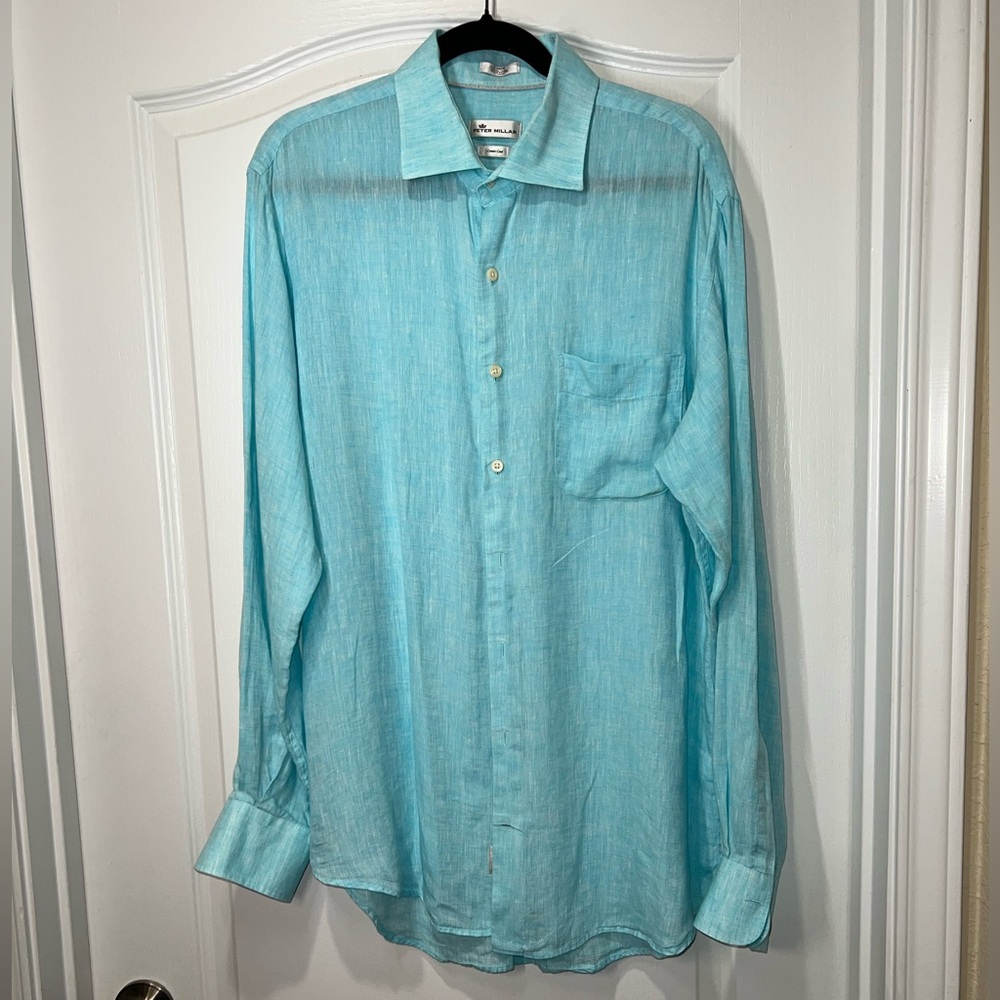 Peter Millar Crown Cool 100% Linen Collared Long Sleeve Button Down Shirt Large